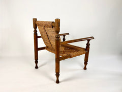 Rustic French armchair in wood and woven rope