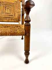 Rustic French armchair in wood and woven rope