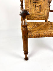 Rustic French armchair in wood and woven rope