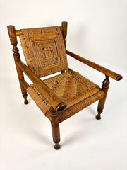 Rustic French armchair in wood and woven rope